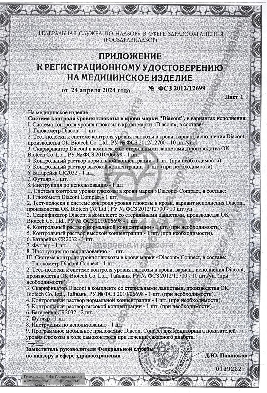 Сертификат на товар Глюкометр Диаконт набор Глюкометр Диаконт набор сертификат